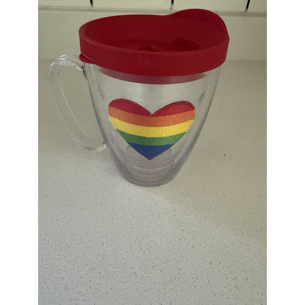 Tervis 16-ounce clear insulated mug with a Pride heart design